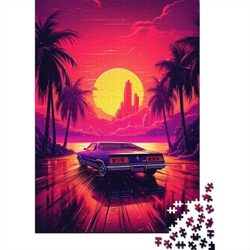 Puzzle für Erwachsene, Neon-Sonnenuntergang, Sportwagen, Puzzle für Erwachsene, Lernspiel, Herausforderungsspielzeug, 1000 Teile (75 x 50 cm) von BaoFFF