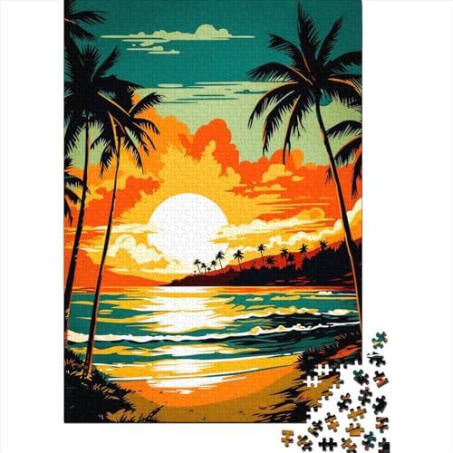 Retro-Strand-Sonnenuntergang-Puzzle 1000 Teile für Teenager-Geschenke, Holzpuzzle, Puzzle für Erwachsene, Lernspiele für zu Hause, DIY-Spielzeug, Geburtstagsgeschenk, 1000 Stück (75 x 50 cm) von BaoFFF