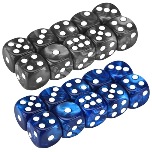 Baobiutin 6-seitig-Würfel D6 DICE 20pcs 16mm Perlmuster 6-seitig Würfel-Set-Acryl-Runde Eck Würfelspiele mit 1-6 lustigen Spielen für Partyversorgungen Schwarz und Blau von Baobiutin