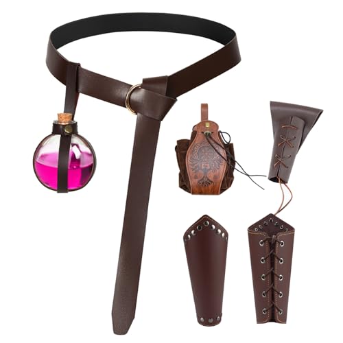 Baobiutin Mittelalterliche Gürtelbeutel Halloween Renaissance Accessoires 5pcs mittelalterlicher Gürtelbeutel, Kork -Trankflasche, Gürtel, Lederbaker, Schwertbeutel, Halloween -Ritterkostüm -Set von Baobiutin