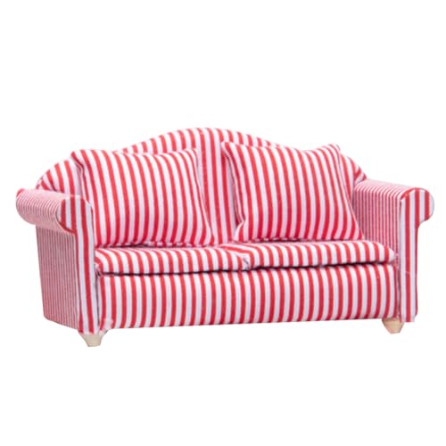 Baobiutin Dollhouse Sofa Dollhouse Couch 2 Sitz 1:12 Simulationsminiaturpuppenhaus Sofa mit Kissen DIY polierte dekorative Puppenhausmöbel, gestreift von Baobiutin