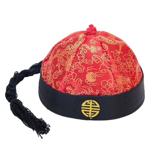 Baoblaze Chinesischer Kaiserhut, Chinesischer Antiker Prinzenhut, Mandarin-Hut mit Zopf, Chinesischer Orientalischer Hut, Chinese Emperor Hat für Cosplay Fotografie Mottoparty, Rot Schwarz 56cm von Baoblaze