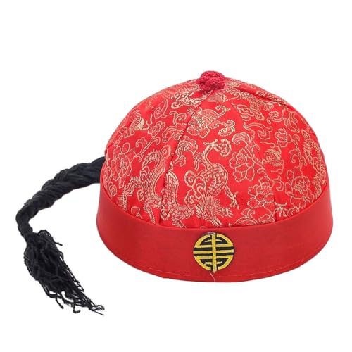 Baoblaze Chinesischer Kaiserhut, Chinesischer Antiker Prinzenhut, Mandarin-Hut mit Zopf, Chinesischer Orientalischer Hut, Chinese Emperor Hat für Cosplay Fotografie Mottoparty Theater, Rot 56cm von Baoblaze