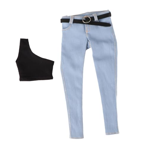 Baoblaze Damen-Kleidungsset im Maßstab 1/6, enges Jeans-Set mit Gürtel, Cosplay-Kostüm, Weste, Gürtel-Set, Puppenkleidung für 12 Zoll große weibliche, Hellblau Und Lang von Baoblaze