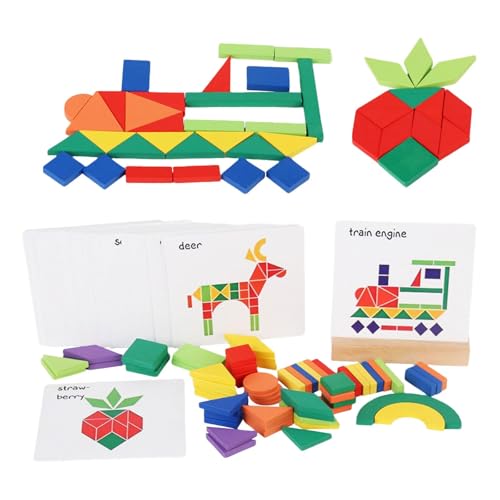 Baoblaze Holzform-Puzzle-Musterblöcke Puzzle mit 48 Karten Denksportaufgabe Tangram-Formen für Jungen Mädchen Kinder Reisespiele von Baoblaze