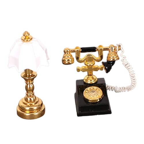 Baoblaze Puppenhaus-Miniatur-Lampe und Wählscheiben-Telefon-Set, Wählscheiben-Telefon-Dekoration, 1:12 Miniatur-Telefon-Modell für Foto-Requisiten, Schwarz-Weiss von Baoblaze