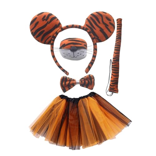 Baoblaze Tiger-Kostüm-Set für Kinder, Mädchen, Tigerohr-Stirnband, Stirnband, Schwanz, Nase, Fliege, Tutu-Rock, Halloween-Kostüm für Mädchen-Auftritt, Ohren von Baoblaze