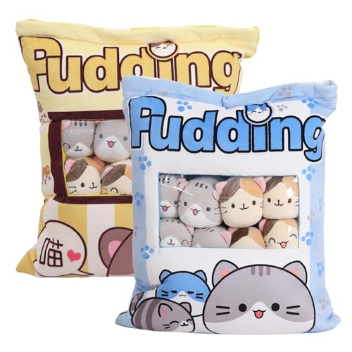 2Stk Katze Plüsch Kissen, Pudding Kissen Katze, Abnehmbare Spielzeug Katze Pudding Kissen Tasche Mit 8 Katzen Puppen, Süßes Snackkissen Stofftierspielzeug, Für Schlafzimmer, Sofa, Auto, Wohnzimmer von Baoqifong