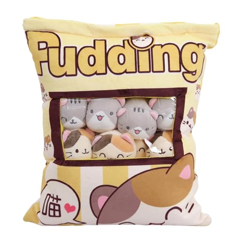 Katze Plüsch Kissen, Pudding Kissen Katze, Abnehmbare Spielzeug Katze Pudding Kissen Tasche Mit 8 Katzen Puppen, Süßes Snackkissen Stofftierspielzeug, Für Schlafzimmer, Sofa, Auto, Wohnzimmer von Baoqifong