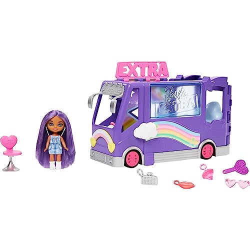 Barbie Extra Mini Minis, Extra Mini Minis Puppe mit Extra Sparkle Tour Bus Van, inkl Zubehör für Schminkstation und Show, Geschenk für Kinder, Spielzeug ab 3 Jahre,HKF84 von Barbie