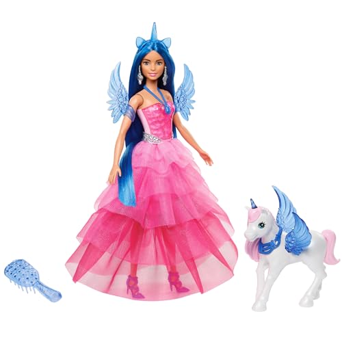 BARBIE Ein verborgener Zauber - Puppe mit Einhorn, pinkfarbenes Kleid mit Saphirblauen Details, Einhorn-Stirnband, abnehmbare Saphirflügel und Einhorn-Schwanz, für Kinder ab 3 Jahren, HRR16 von Barbie