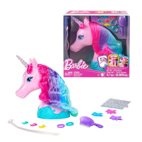 Barbie Einhorn-Styling-Kopf - 10 Zubehörteile, Glitzer-Aufkleber, Aufbewahrungsbehälter, für Kinder ab 3 Jahren, HMD83 von Barbie