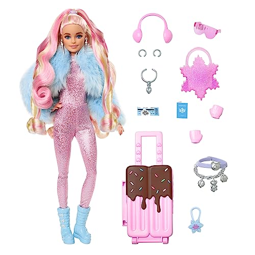 Barbie Extra Fly - Reisepuppe mit Winter-Outfit und Zubehör, 15 Accessoires wie Ohrenschützer, Handschuhe, Skibrille und Koffer, für Kinder ab 6 Jahren, HPB16 von Barbie