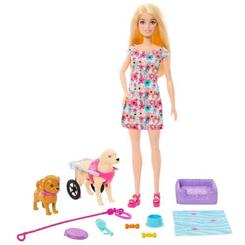 BARBIE Hundeduo - Barbie-Puppe und Zubehör, inklusive Hündchen und großem Hund mit Rollstuhl, Leine, Fressnapf, Tierbett und Knochenleckerlis, für Kinder ab 3 Jahren, HTK37 von Barbie