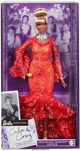 Barbie Inspiring Women Celia Cruz Puppe - rotes Meerjungfrauenkleid, goldenes Mikrofon, verzierte Verpackung, für Sammler und Kinder ab 6 Jahren, HJX31 von Barbie