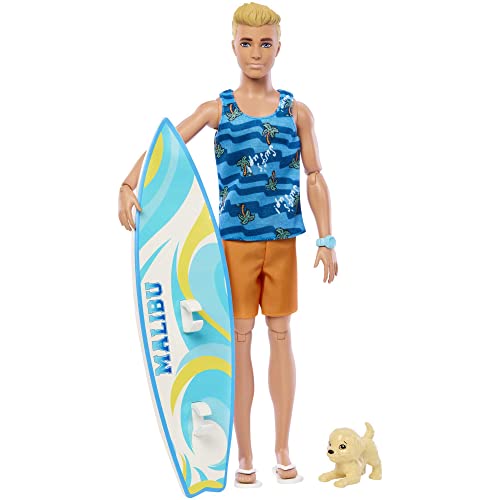 Barbie Ken Surfer Set - Bewegliche Blonde Ken-Puppe mit Surfbrett, Hündchen und Strand-Accessoires für belebende Strandabenteuer, für Kinder ab 3 Jahren, HPT50 von Barbie