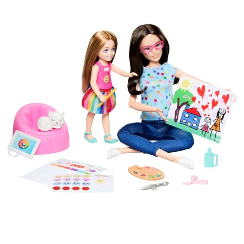 Barbie Kunsttherapeutin Puppe - Rollenspielset mit interaktiven Funktionen und Zubehör für kreative Geschichtenerzählung, inklusive Kleinkind-Puppe und Kätzchen, für Kinder ab 3 Jahren, HRG48 von Barbie