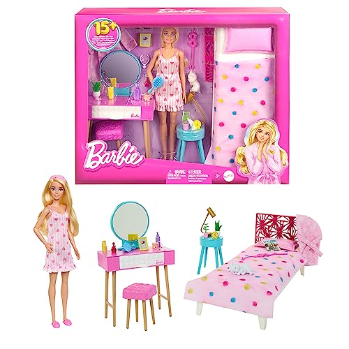 Barbie Schlafzimmer-Spielset - Puppe, Bett, Schminktisch, Kätzchen und 20 Zubehörteile kreatives Spielen, inklusive flauschigem Bademantel und Hausschuhen, für Kinder ab 3 Jahren, HPT55 von Barbie