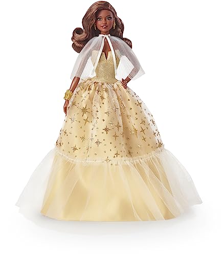 Barbie Signature - 2023 Holiday Puppe 35. Jubiläumsedition mit goldenem Kleid und dunkelbraunes Haar, Echtheitszertifikat, saisonales Sammlergeschenk für Kinder ab 6 Jahren, HJX05 von Barbie