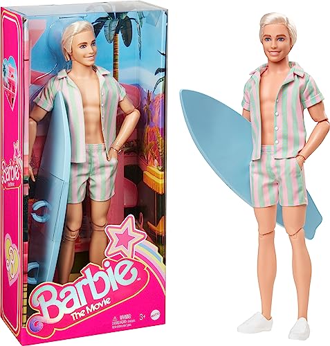 Barbie The Movie - Puppe Filme Fans, Ken-Puppe, Sammelpuppe im Surfbrett und Turnschuhen, beweglicher Körper, platinblondes Haar, als Geschenk für Kinder ab 3 Jahren geeignet, HPJ97 von Barbie