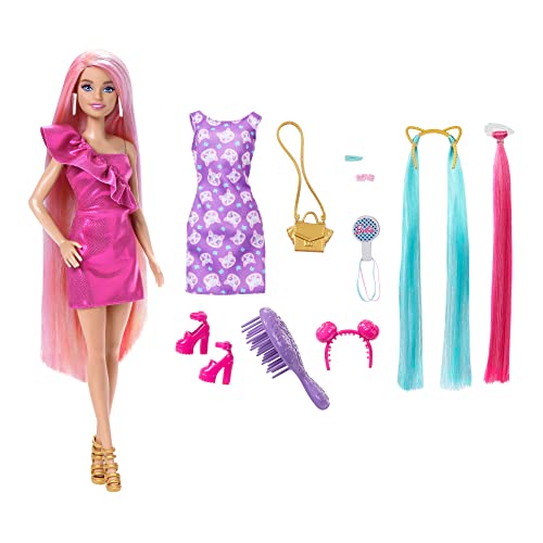 Barbie Totally Hair - Puppe mit extra Langen, frisierbaren Regenbogenhaaren und 10 Mode- und Styling-Accessoires, gepunktetes Kleid im Colorblock-Stil, für Kinder ab 3 Jahren, HKT96 von Barbie