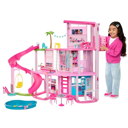 Barbie Traumvilla, 3-stöckiges Barbie-Haus mit 10 Spielbereichen inklusive Pool, Rutsche, Aufzug, 75 Puppen-Accessoires, Spielzeug-Welpe, Spielzeug für Kinder ab 3 Jahre, HMX10 von Barbie