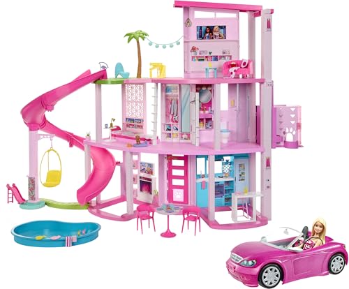 BARBIE - Traumvilla & Puppe und Cabrio in rosa mit Glitzer, realistische Reifen und Barbie Logo, Spielzeug ab 3 Jahren, DJR55 von Barbie