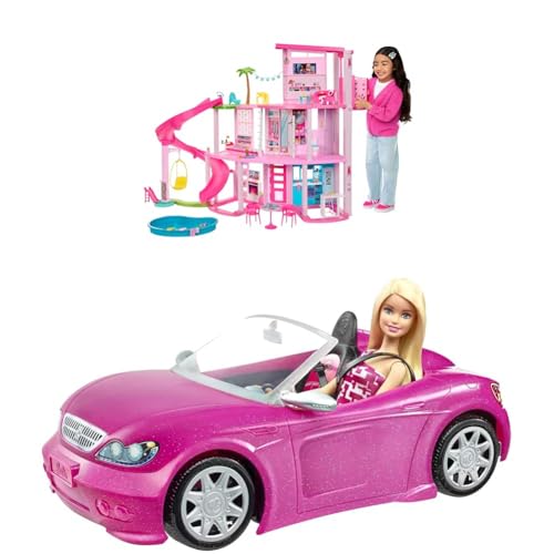 BARBIE - Traumvilla & Puppe und Cabrio in rosa mit Glitzer, realistische Reifen und Barbie Logo, Spielzeug ab 3 Jahren, DJR55 von Barbie