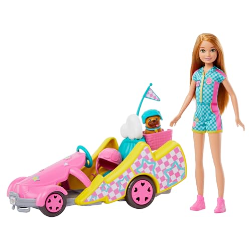 Barbie und jüngere Schwester Stacie - Gokart Abenteuer Spielset mit praktischem Hundekorb zum Anbringen des Hündchen, Stickerbogen für Gestaltung des pinken Helms, für Kinder ab 3 Jahren, HRM08 von Barbie