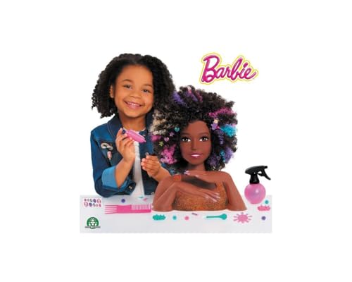 Barbie, Frisierkopf Affro Style, 27 Friseur-Accessoires inklusive, Sein Make-up wechselt die Farbe, Spielzeug für Kinder ab 3 Jahren, GIOCHI PREZIOSI, BAR34 von Barbie