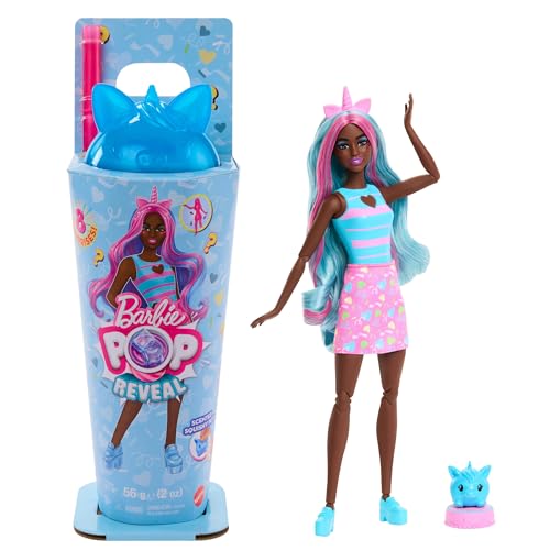 Barbie Pop Reveal Set aus Puppe und Accessoires, Shakes-Serie, duftende Einhorn-Modepuppe & Haustier, 8 Überraschungen inklusive Farbwechsel, JCN86 von Barbie