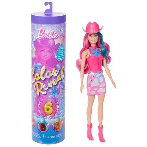 Barbie Color Reveal Modepuppe und Accessoires mit 6 Überraschungen, Disco Star-Reihe mit metallischem Glanz und Oberteil mit Farbwechsel (Stile können abweichen), JCP01 von Barbie