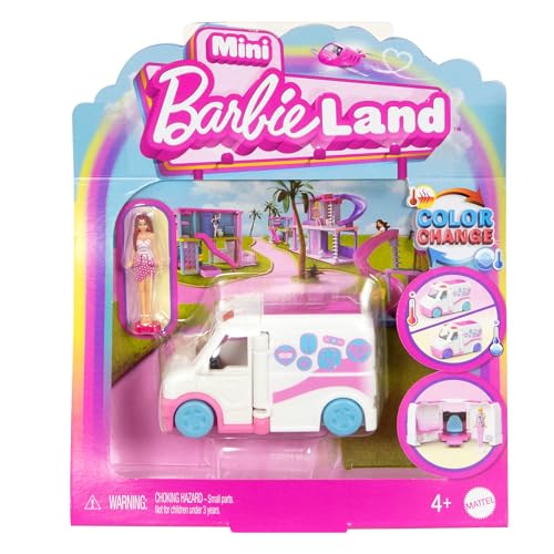 Barbie Mini BarbieLand Puppen- und Spielzeugfahrzeugset, ca. 4 cm große Barbie-Puppe, Krankenwagen mit Farbwechsel und medizinische Praxis, JCR34 von Barbie