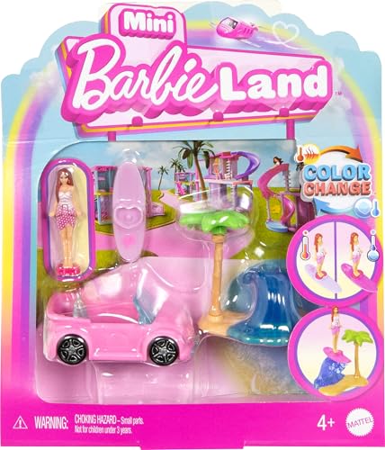 Barbie Mini BarbieLand Puppen- und Spielzeugfahrzeugset, ca. 3,8 cm große Puppe und Strandcabrio mit Farbwechsel, Strandzubehör, JCR35 von Barbie