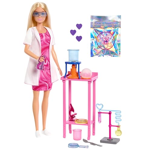 Barbie-Puppe Wissenschaftlerin und Zubehör mit Blonder Modepuppe, Labortisch, Mikroskop, Farbwechsel-Becherglas und Petrischale, JCR70 von Barbie