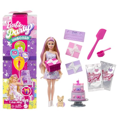 Barbie Party Unboxed Puppe und Accessoires, Haustier-Geburtstagsserie, Birthday Bows-Set mit 10 Überraschungen inklusive Farbwechseleffekt und Kuchendekoration, JFG70 von Barbie