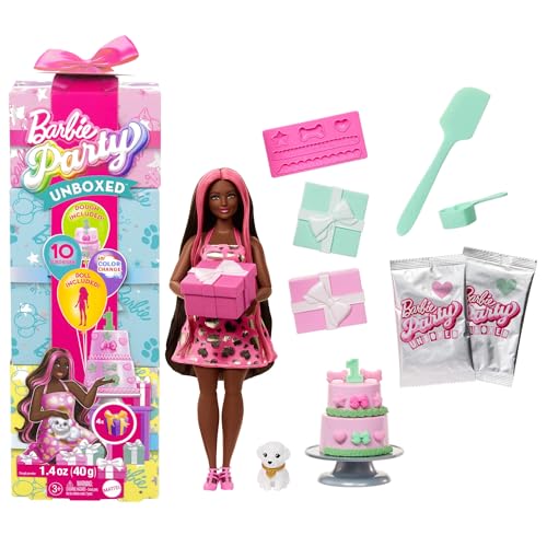 Barbie Party Unboxed Puppe und Accessoires, Haustier-Geburtstagsserie, Shimmerin’ Hearts-Set mit 10 Überraschungen, inklusive Farbwechseleffekt und Kuchendekoration, JFG71 von Barbie