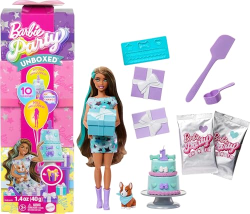 Barbie Party Unboxed Puppe und Accessoires, Haustier-Geburtstagsserie, Party Stars-Set mit 10 Überraschungen inklusive Farbwechseleffekt und Kuchendekoration, JFG72 von Barbie