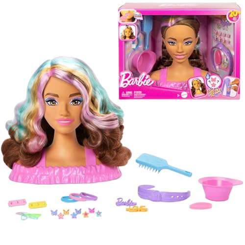 Barbie-Puppe Styling-Kopf, dunkelbraunes Haar mit mehr als 20 Styling-Zubehörteilen inklusive Stern, Schmetterling und Haarclips mit Farbwechsel, JFG82 von Barbie