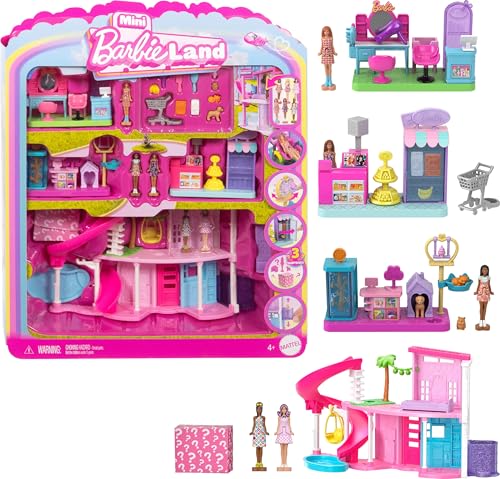 Barbie Mini Barbie Land Traumvilla und 3 Spielsets mit 4 ca. 3,8 cm großen Puppen, Puppenhausmöbeln und -zubehör, enthält Tierhandlung, Friseursalon und Supermarkt, JGL31 von Barbie