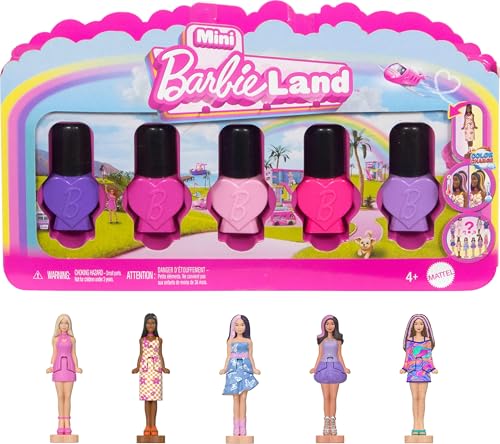 Barbie Mini Barbie Land 5er-Set Fashionistas-Puppen, ca. 3,8 cm große Minipuppen in Nagellackbehältern, Sammelset mit Überraschungen (Stile können abweichen), JGL28 von Barbie