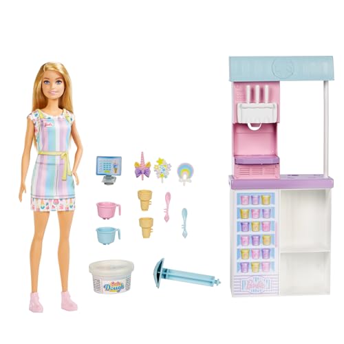 Barbie You Can Be Anything Serie, Eisdiele, 1x Barbiepuppe mit blonden Haaren, Eismaschine, Barbieknete, Backzubehör, Zubehör, Geschenk für Kinder, Spielzeug ab 3 Jahre,HCN46 von Barbie