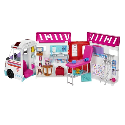 Barbie 2-in-1-Krankenwagen Spielset, Rettungswagen mit Lichtern und Geräuschen, umwandelbar in Pflegeklinik, 20 Puppenzubehör, Spielzeug ab 3 Jahren, HKT79 von Barbie