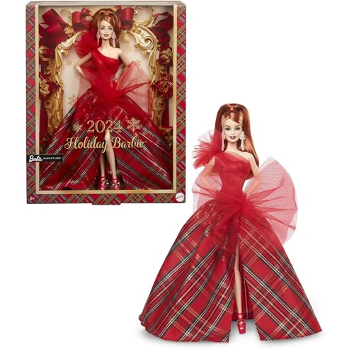 Barbie 2024 Urlaubspuppen Saisonales Sammlerspielzeug Signatur Plaid Kleid mit roter Schleife Displayable Verpackung Rote Haare von Barbie