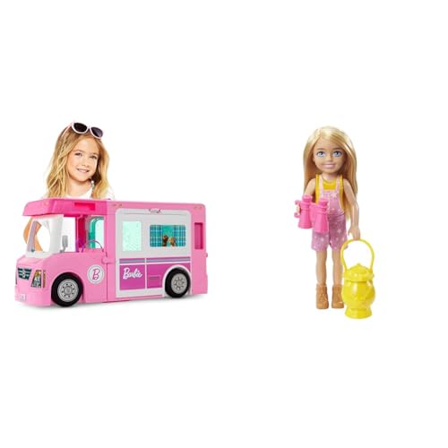 Barbie 3-in-1 Dream Camper (91 cm) Pool, umbaubarem Truck & Chelsea Serie, Chelsea Camping Puppe mit blonden Haaren, Haustier Eule von Barbie