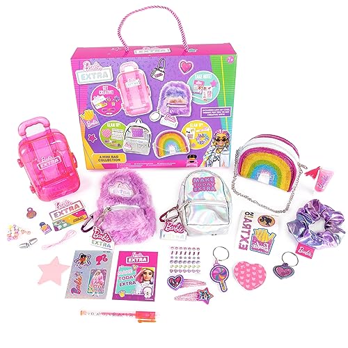 Barbie 4 x Mini Bag Collection mit Haarspangen, Lipgloss, Nagelaufkleber, Mini-Notizbuch und Mini-Schreibwarenzubehör - Mini Rucksack Tasche Spielzeug - Niedlicher Rucksack, gemischt von Barbie