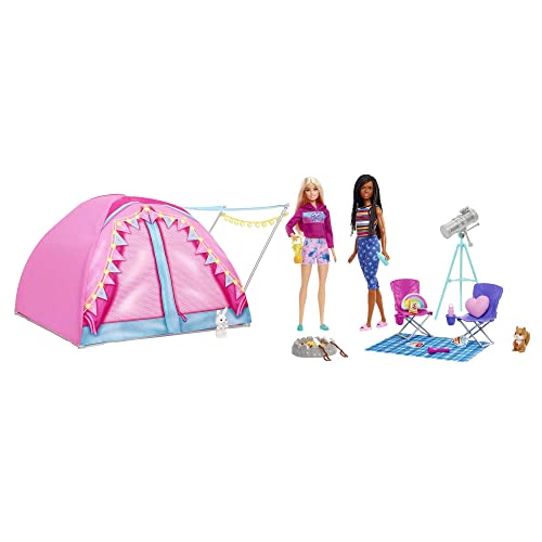 Barbie Abenteuer zu zweit Camping-Spielset mit Zelt, inkl. 2 Barbie Puppen, Barbie Camping Zubehör und Tiere, Geschenk für Kinder, Spielzeug ab 3 Jahre,HGC18 von Barbie