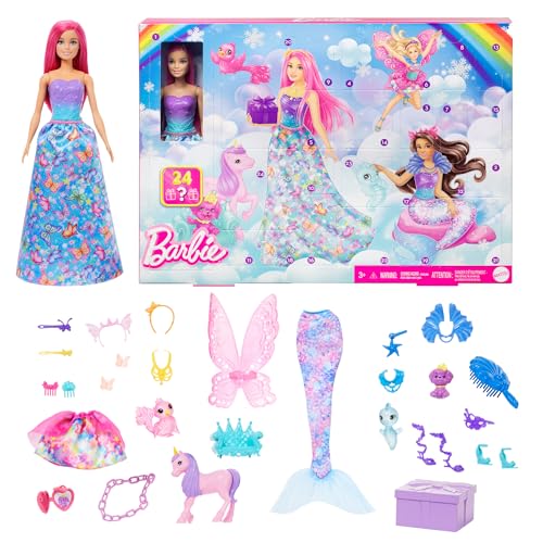 Barbie-Adventskalender mit Puppe und 24 Überraschungs-Accessoires mit Einhorn und 3 Tieren, die Modepuppe mit rosa Haaren kann in eine Meerjungfrau, Fee und mehr verwandelt Werden, HRG90 von Barbie