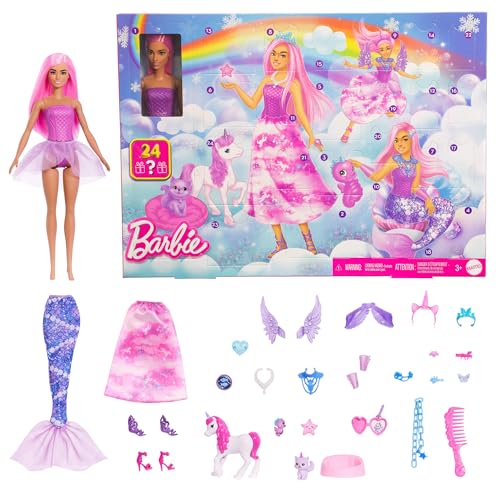 Barbie-Adventskalender mit Puppe und 24 Überraschungs-Accessoires mit Einhorn und Tieren, die Modepuppe kann in eine Meerjungfrau, Fee und mehr verwandelt Werden. ,JFL66 von Barbie