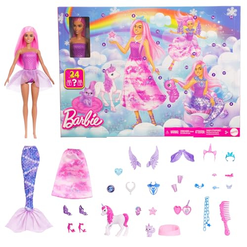 Barbie-Adventskalender mit Puppe und 24 Überraschungs-Accessoires mit Einhorn und Tieren, die Modepuppe kann in eine Meerjungfrau, Fee und mehr verwandelt Werden. ,JFL66 Barbie-Adventskalender mit Puppe und 24 Überraschungs-Accessoires mit Einhorn und Tieren, die Modepuppe kann in eine Meerjungfrau, Fee und mehr verwandelt Werden. ,JFL66 von Barbie